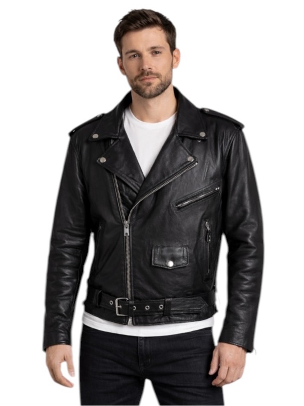 First Manufacturing Company Leather Biker Moto Jacket Black Size L